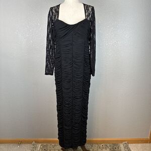 Vicky Tiel Womens Long Sheer Lace Sleeve Ruched Column Gown XL Long Dress Black